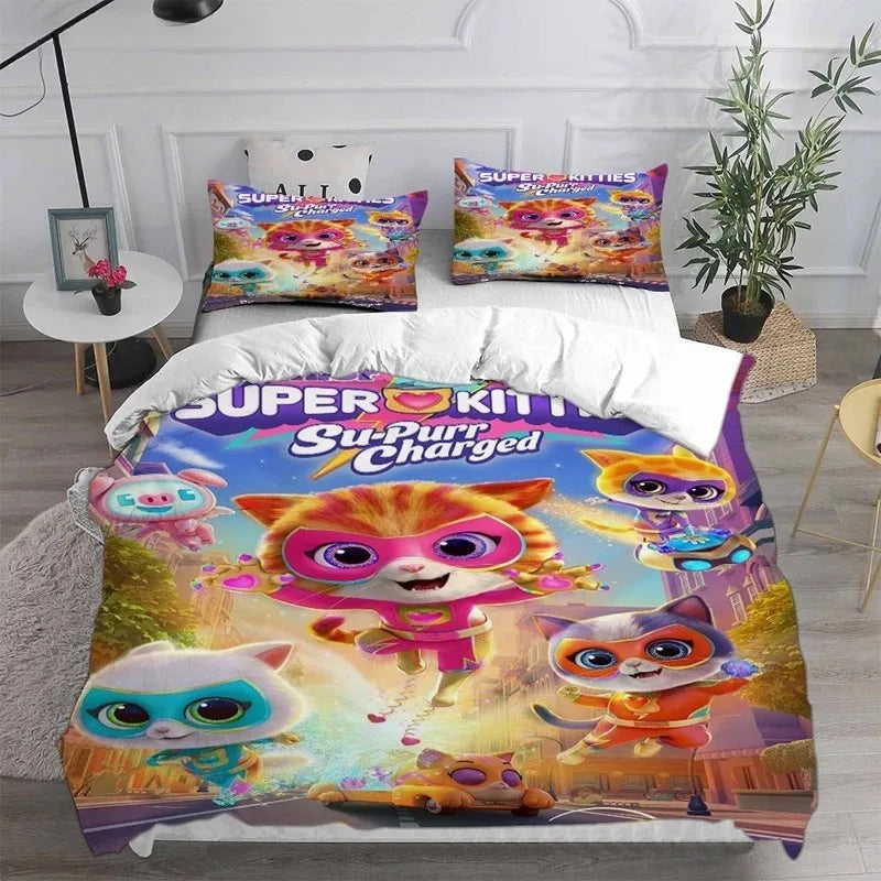 Juego de ropa de cama de Super Kitties Kittydale, juego de accesorios de cama de gato de dibujos animados, juego de funda nórdica para niños, juego de edredón, regalos de cumpleaños