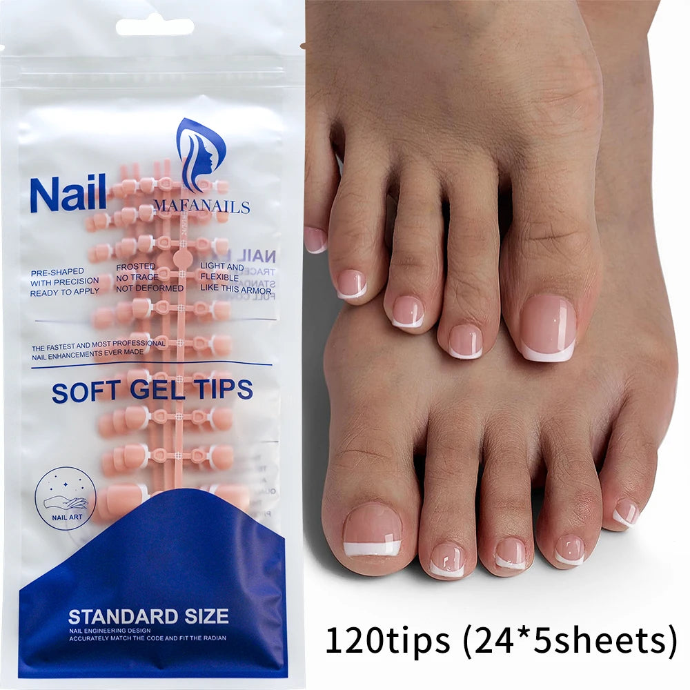 French Fake Toenails 120pcs White Edge Full Cover Daily Press On Toenails Short Square Pink Toe Nails For Foot Manicure Decorati