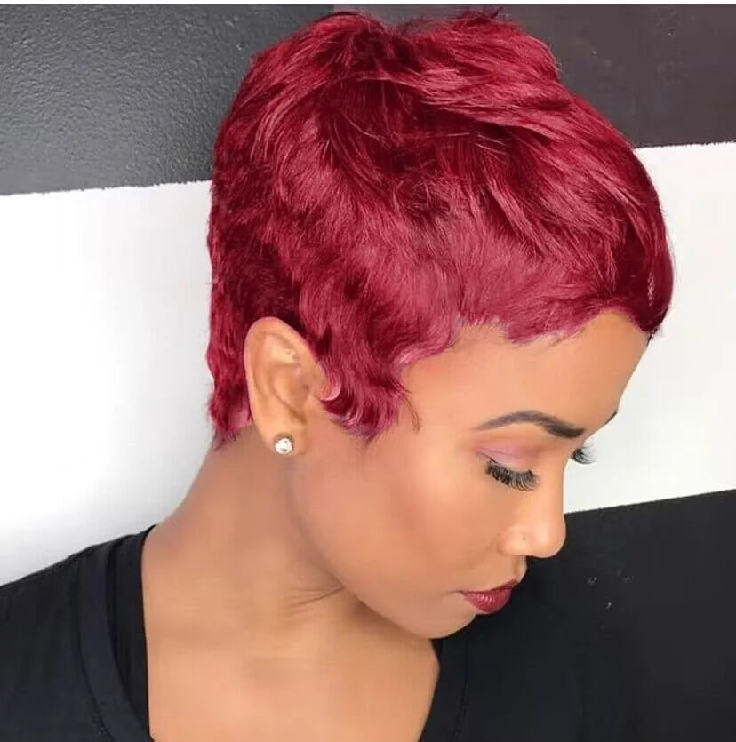 Short Layered Red Pixie Human Hair Wigs With Bangs Full Machine Made Wigs