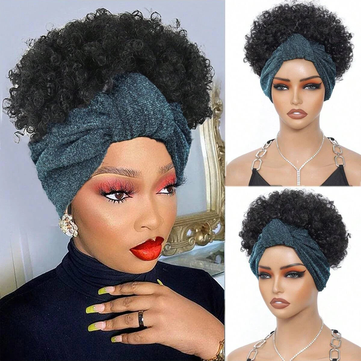 Black Headband Wigs For Women Afro Kinky Curly Wig With Synthetic Short Hair Wigs With Headband Attached Headwrap Wigs