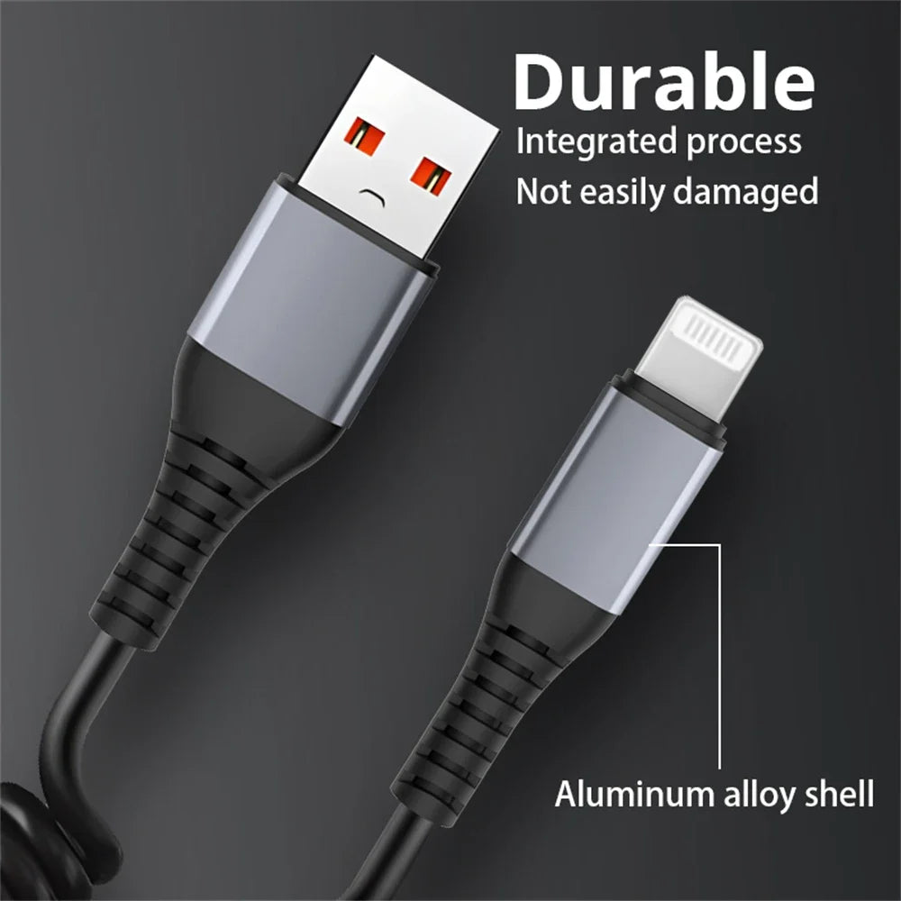 66W Spring Stretch Fast Charging Cable USB A to Lighting For iPhone 14 13 12 11 Pro Max X XS 8 7 iPad 9 Data Cable Accessories
