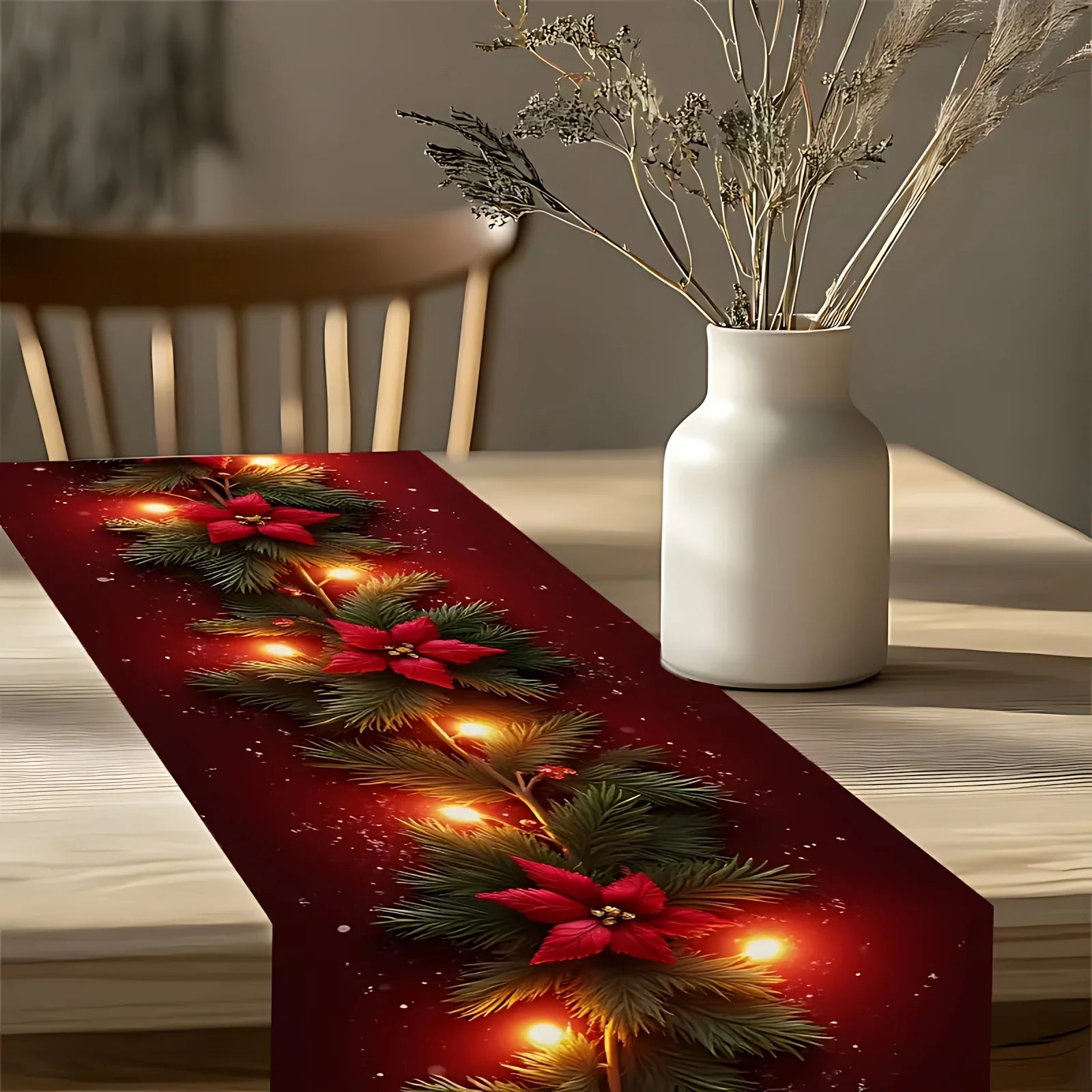 1 Piece of Luminous Christmas Flower Pine Branch Table Runner, Red Background Printed with Lighted Pine Branches and Poinsettia Pattern, Suitable for Christmas Dinner, Holiday Party, Pastoral B&B, Handicraft Market, Cafe Deco