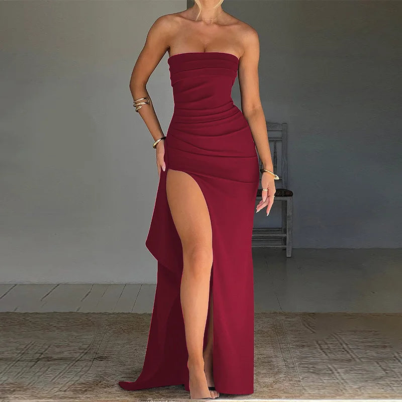 Women Summer Slash Neck Strapless Party Evening Dress Casual Sleeveless High Slit Long Dress Elegant Backless Sexy Dress