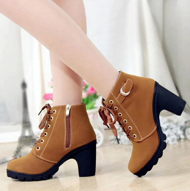 Botines de tacón alto con cordones para mujer – Diseño de plataforma con hebilla de moda