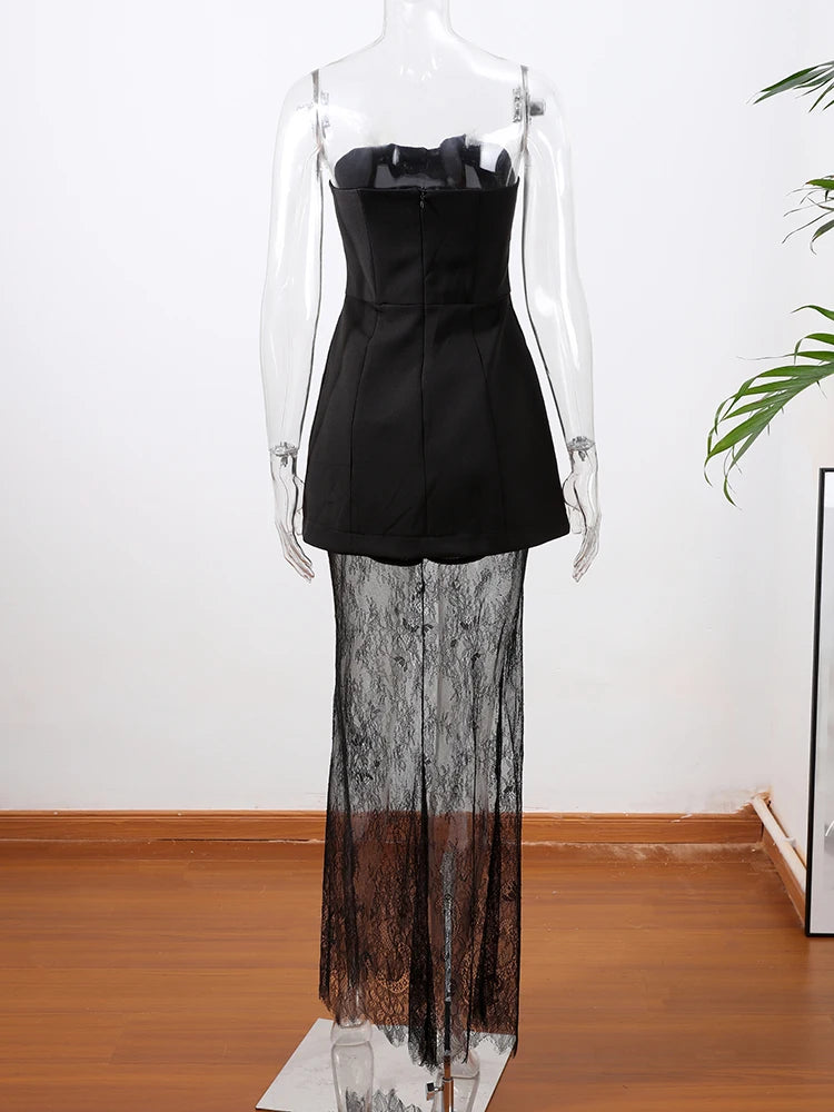 Trendy Tube Top Lace Long Skirts Sets Women Strapless Sleeveless Slim Tops See Through Skirt Summer Chic Party Outfits Dress Set