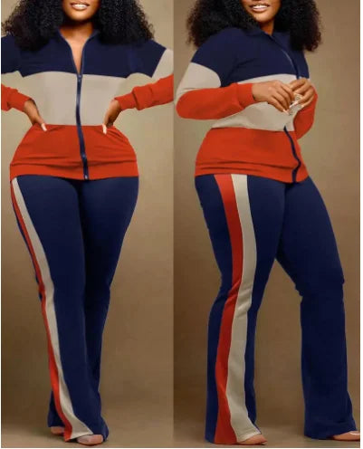 Two Piece Set Women Outfit Autumn Fashion Geometric Print Stand Collar Long Sleeve Zip Up Top & Casual Sporty Pants Set