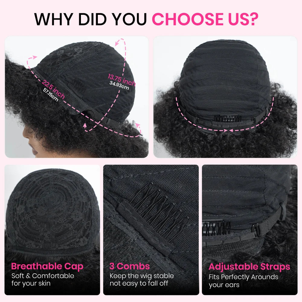Afro Wig For Women Short Afro Kinky Curly Bob Glueless Wigs Human Hair Natural Looking 12 Inch Afro Wigs With Bangs Short Bouncy