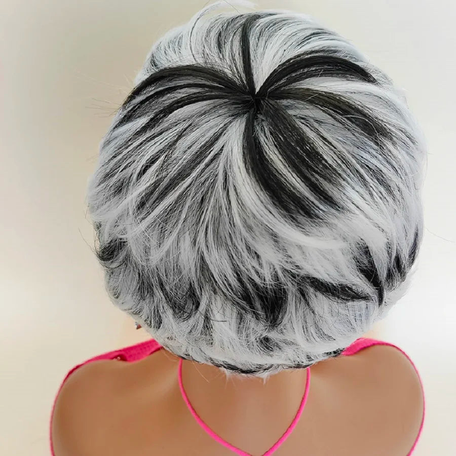 Short Pixie Cut Wigs Black Ombre White Synthetic Hair Wig with Bangs Heat Soft US