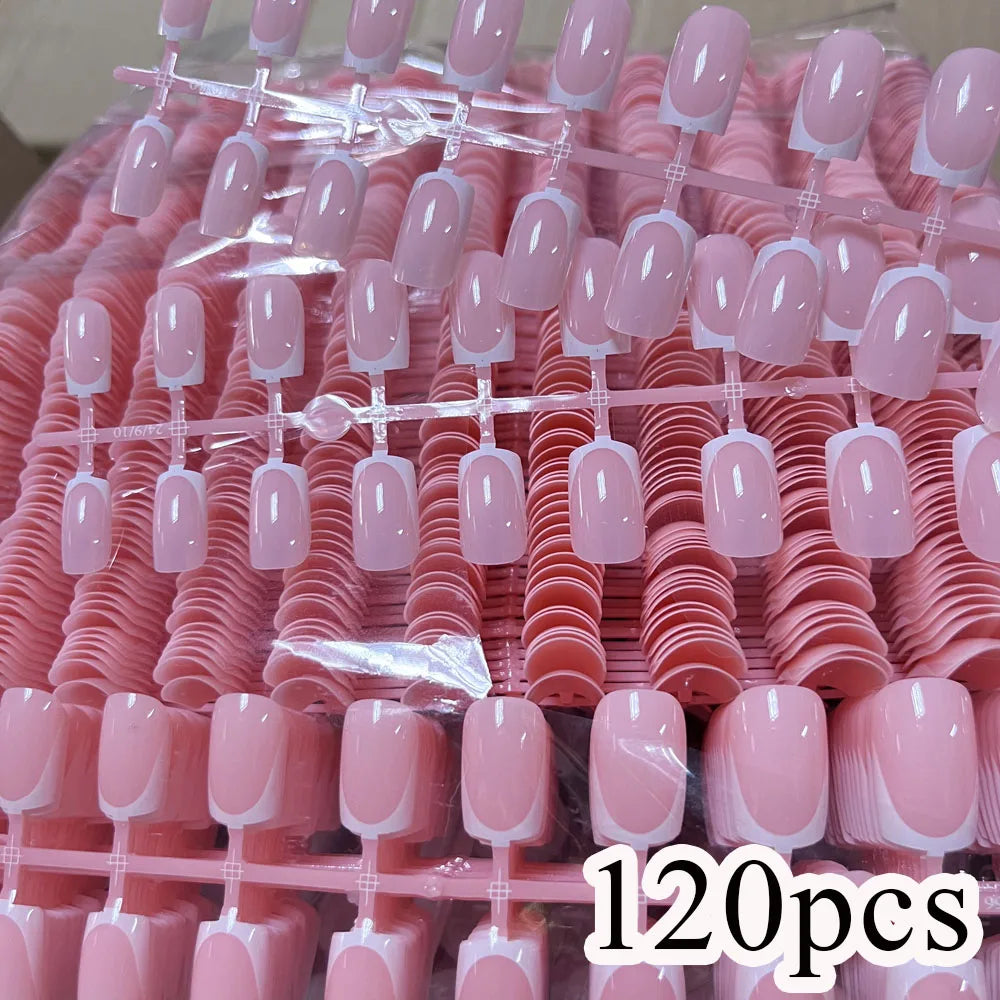 120pcs Nude Pink French Press On Nails Square Short Shape Shine Gloss Full Cover Fake Nail Tips Cute Girl Spring Wear False Nail