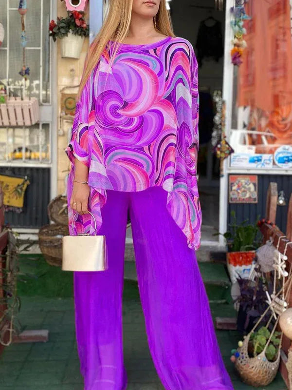 Women Fashion Trousers Two Piece Set For Women 2024 Summer Loose Casual Print Blouse Elegant 2 Piece Sets Woman Tops+Pants Suit