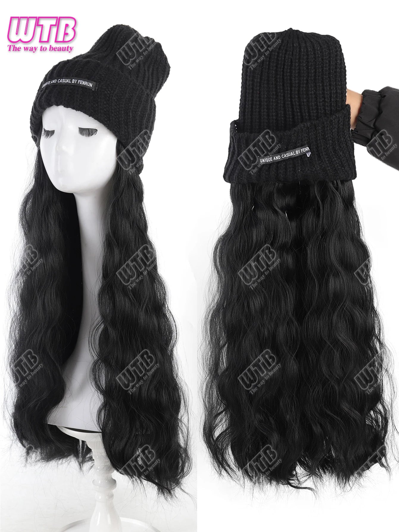 Synthetic Wig Black Hat With Long Curly Hair Extensions; Knitted Hat; Warm Ski Hat For Autumn And Winter