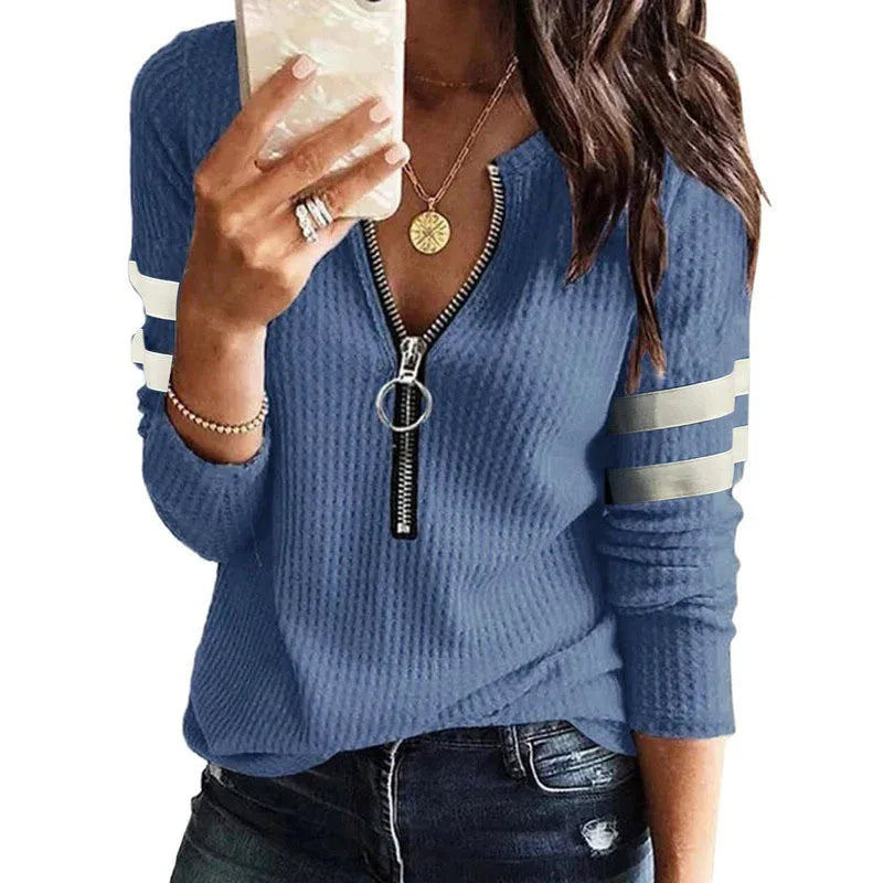Women V Neck Fashion Casual Pullover Striped Print Zipper Front Long Sleeve Top Tops