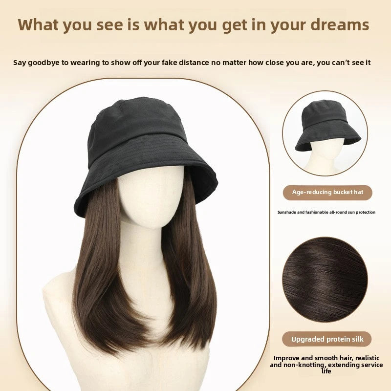 Sombrero peluca de una pieza para mujer, gorro de cubo natural a la moda, resistente al sol, peluca sintética de pelo liso, pelucas de cabeza completa para mujeres