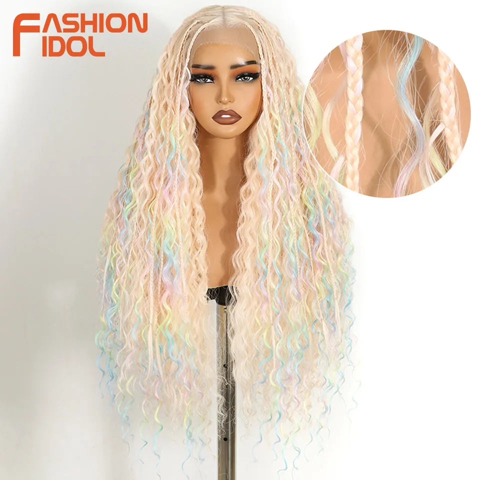 FASHION IDOL 13X4 Box Twist Braided Lace Wig For Black Women Synthetic Lace Frontal Wigs Blonde Faux Locs Wig Goddess Braids Wig