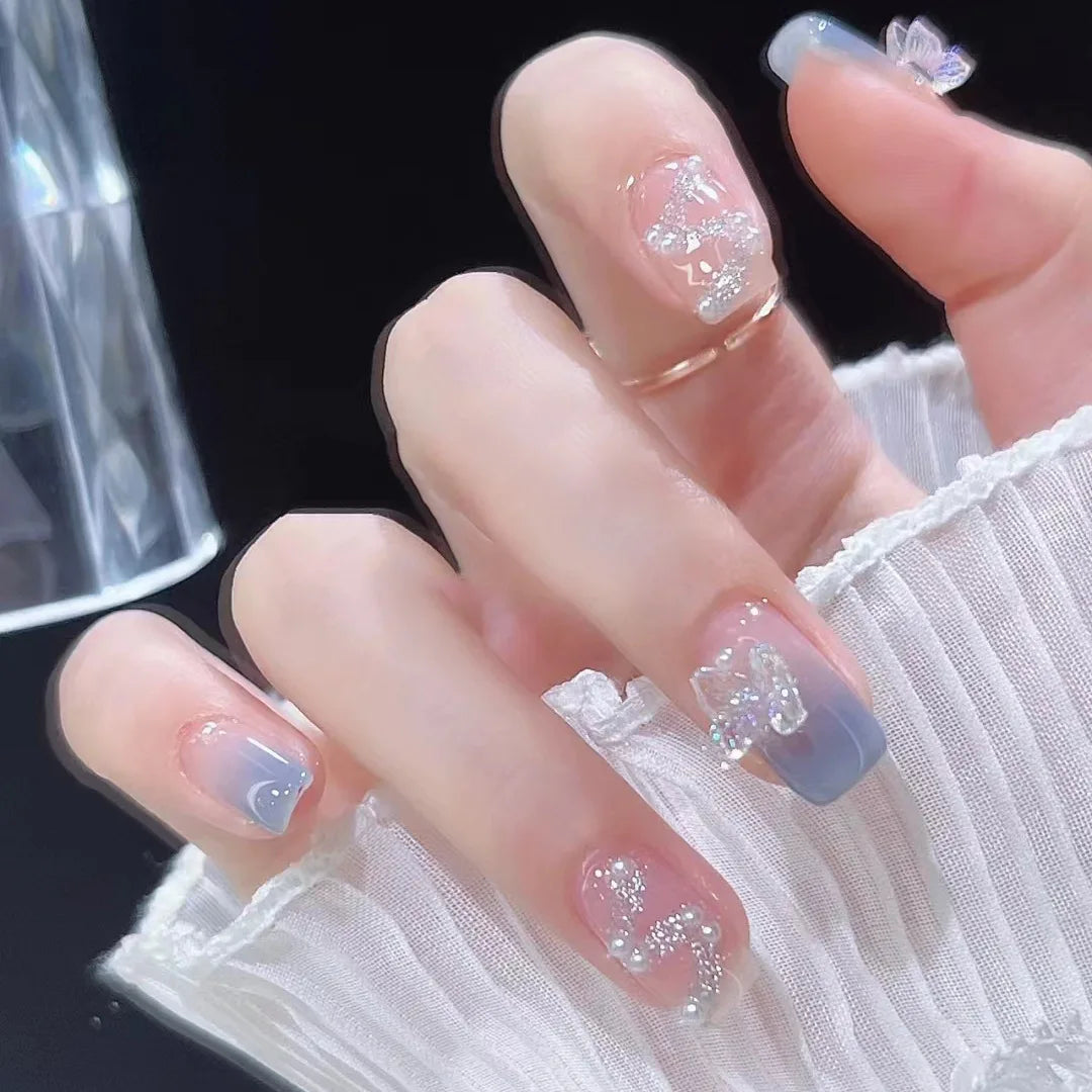 24Pcs Short Square Coffin False Nails French Glitter Wearable Fake Nails Acrylic Full Cover Women Ballet Press on Nails Tips