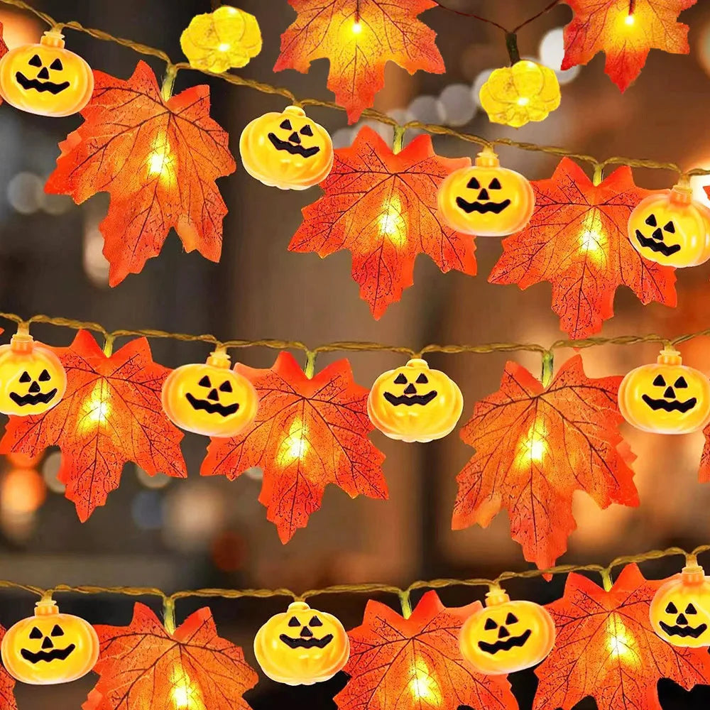 1.5M Fall Garland with Pumpkin Lights Halloween Decoration Maples Leaves String Lights Fall Light Thanksgiving party home decor