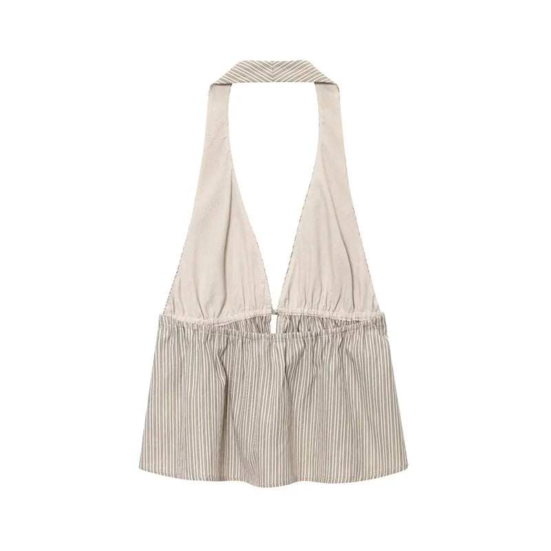 Women's Tops New Summer Gray Striped Halterneck Halter Neck Camisole Top Sexy V-Neck Design Casual Fashion Personality