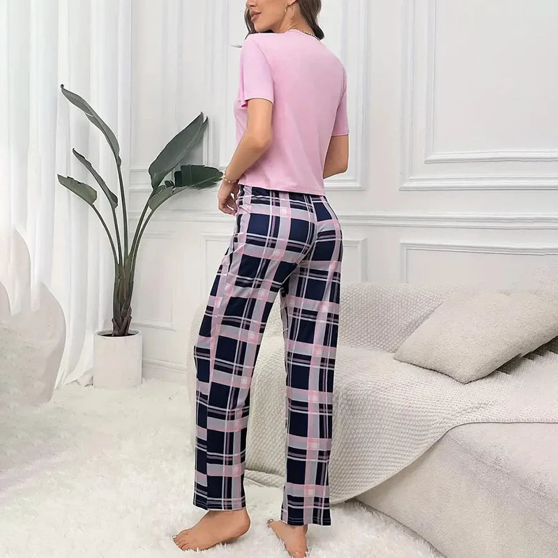 Women's Pajamas Set Soft Comfortable Letter Print T-Shirt & Plaid Long Pants Sleepwear 2 Pieces Home Clothes Loungewear Pyjama