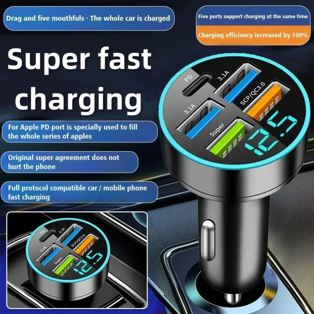 250W 5 Ports Car Charger Fast Charging USB C Car Phone Charger For iPhone 15 Samsung Xiaomi Huawei PD Type C Mini Adapter In Car