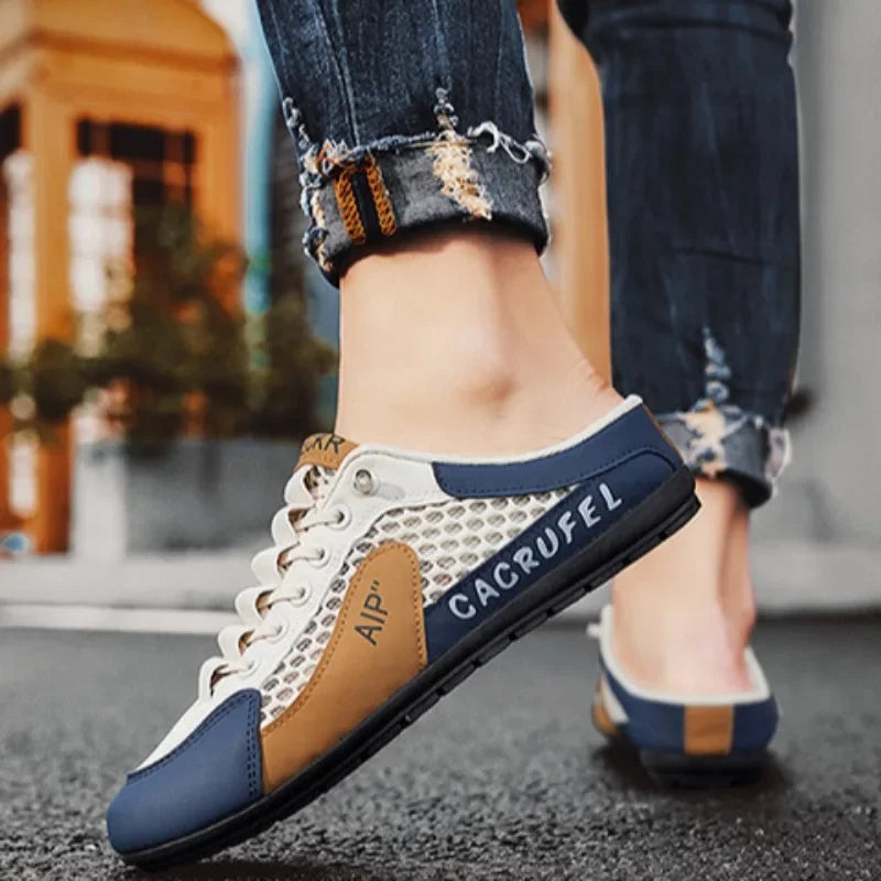 Men's Half Slippers Fashion Outdoor Casual Shoes for Men Walking Flats Soft Sole Support Slipper Mesh Breathable Slip-On Loafers