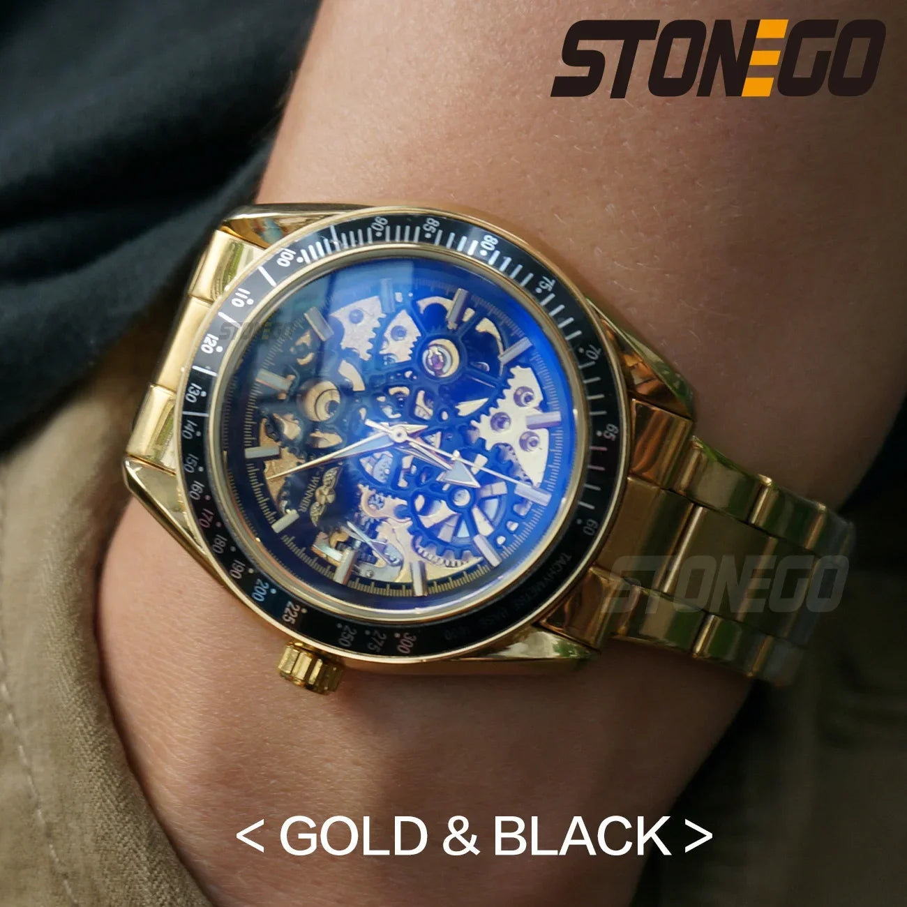 Women Automatic Mechanical Skeleton Watch Self-Winding Water Resistant Gold Plated Dress Wristwatch