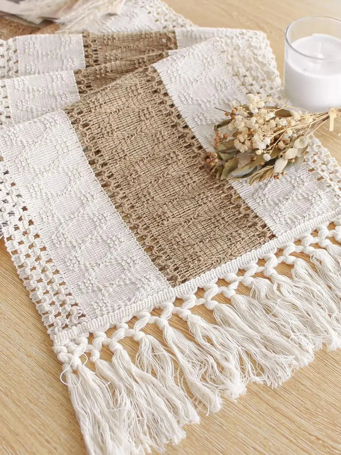 Camino de mesa para la decoración del hogar de verano con borlas Camino de mesa rústico de macramé de arpillera color crema y marrón largo de granja