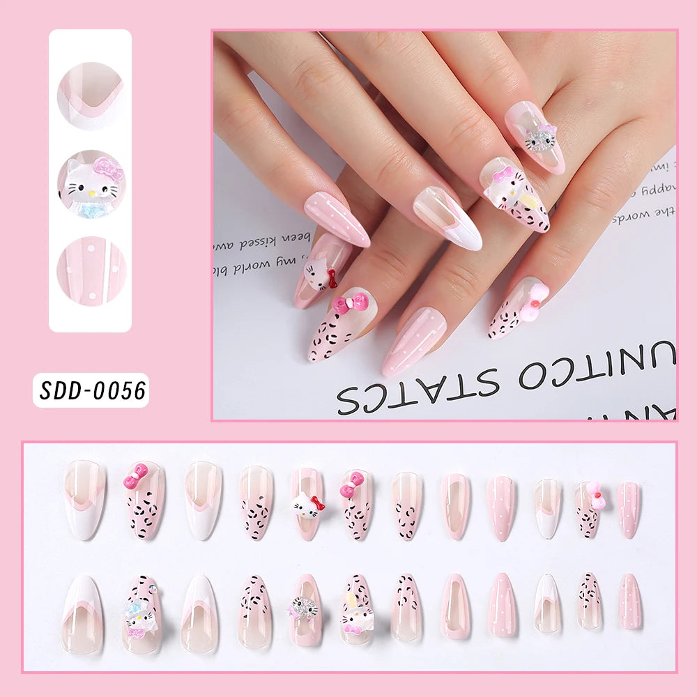 24pcs 3D Hello Kitty Heart Bow False Nails Pink-White French Press on Nails Medium Square Fake Nails for Daily/Party/Gathering *