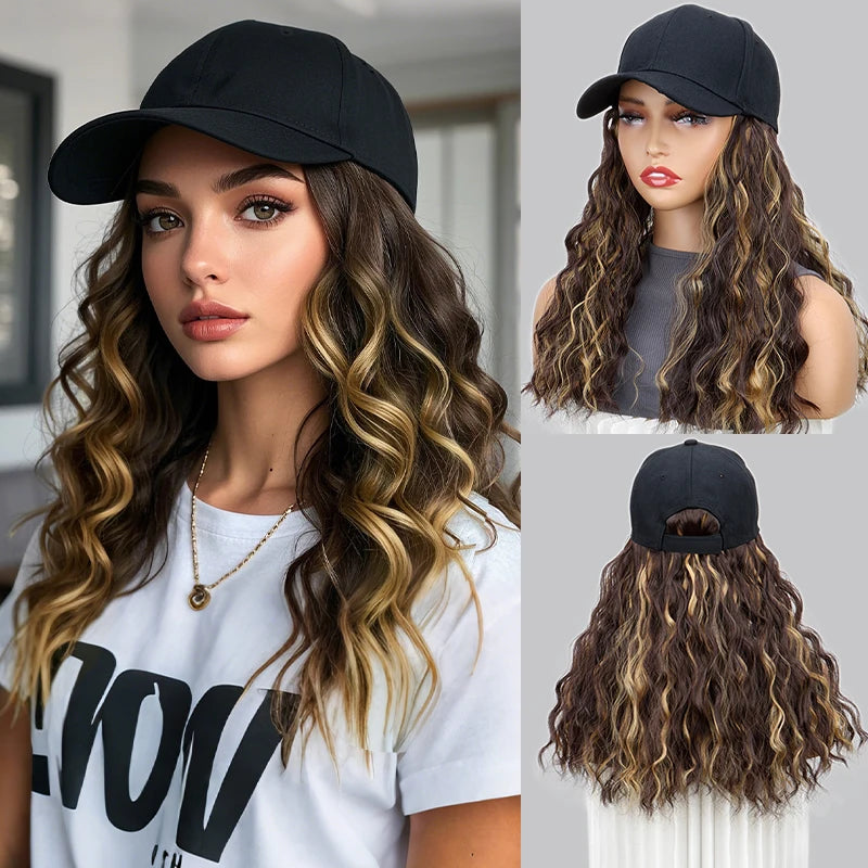 Synthetic 18Inch Long Curly Elegant Black Baseball Cap Hat Wig Heat-Resistant Hair Easy Wear Versatile for All Occasions