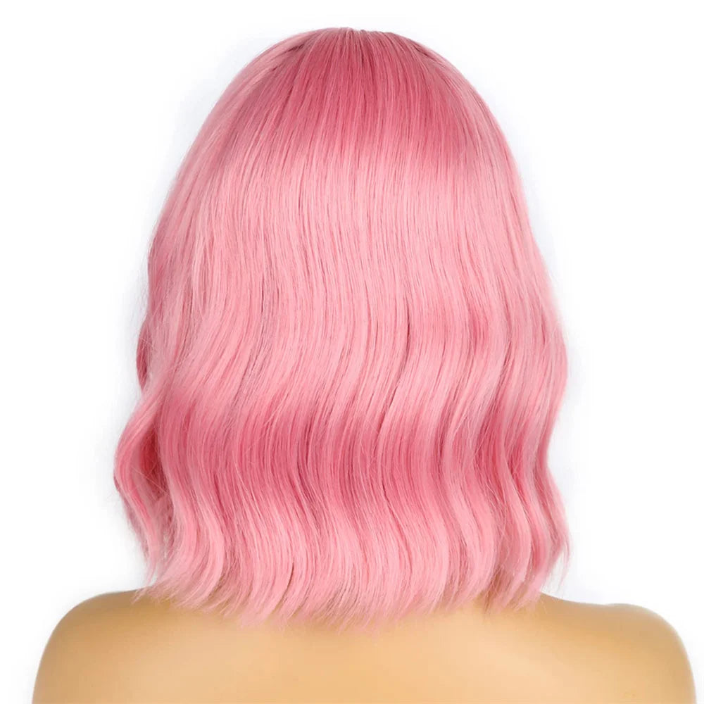 Short Wavy Bob Wig With Bangs, Shoulder Length Curly Wigs For Women, Synthetic Pink Wig For Daily Use, Cosplay Wig For Halloween