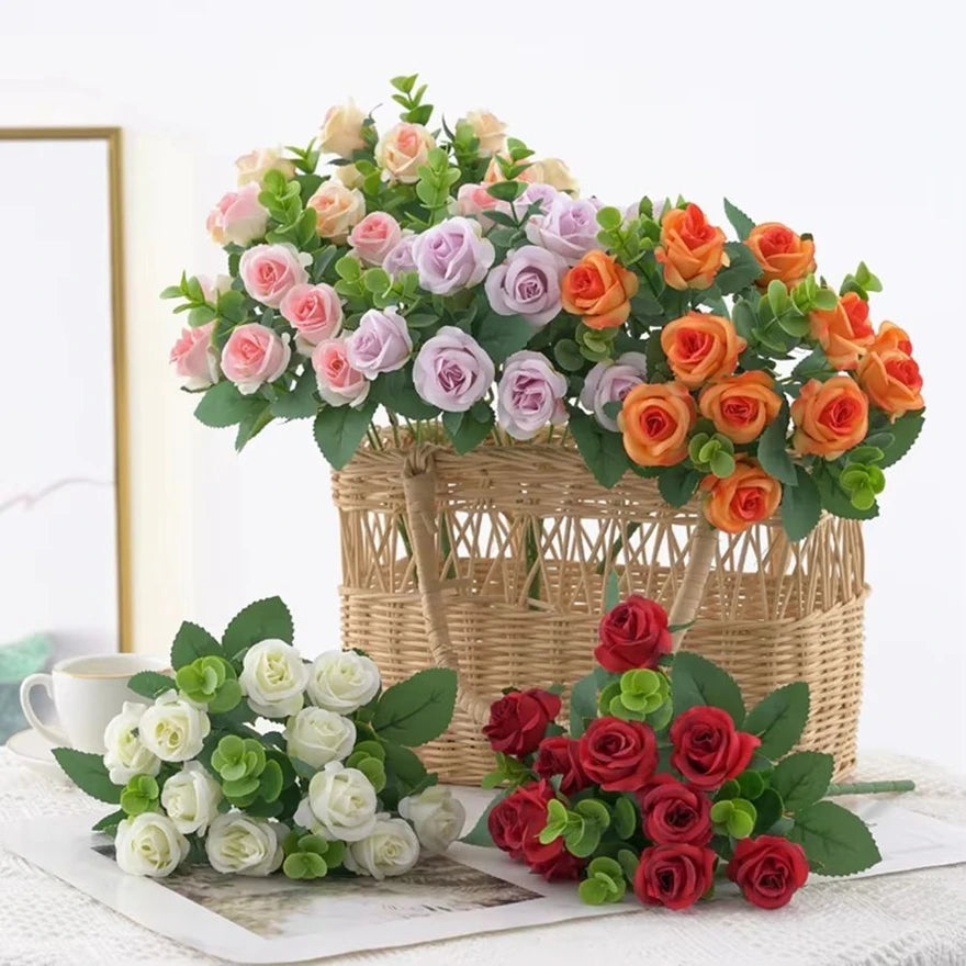 Artificial Flowers Vases Home Decor Outdoor Garden Festival Eucalyptus Leaves Fake Plants Wedding Party Silk Roses Bouquet Cheap