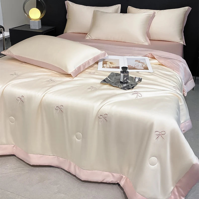 Princess Summer Quilt Korean Soft  Washed Silk Full Embroidery Tencel Cool Quilt  Women Girl For Summer Comforter Bedding