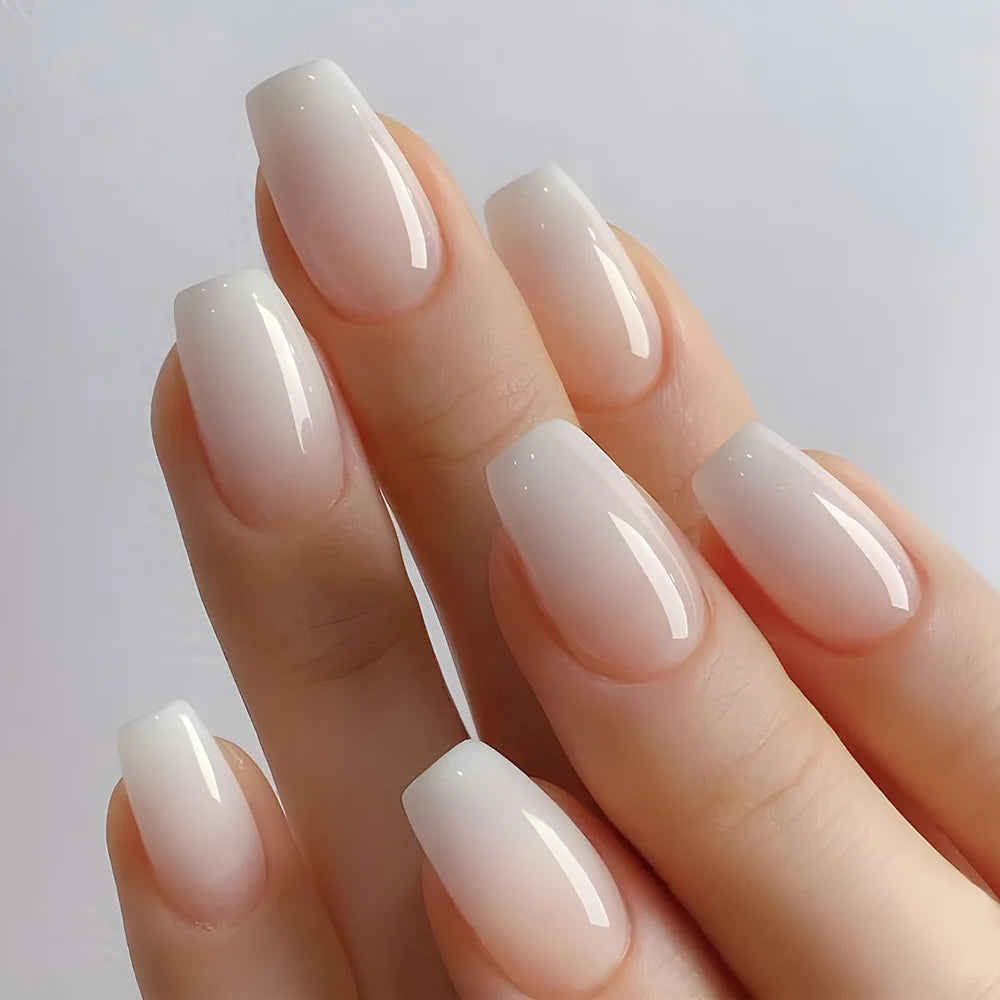 24Pcs Simple Fake Nail with Broken Diamond Short Square Press on False Nails Gradient White Wearable Ballet Full Cover Nail Tip
