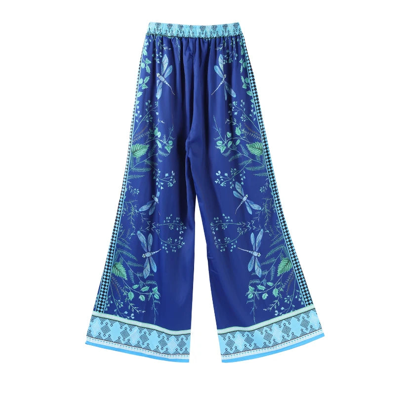 Conjunto de pantalones largos estampados para mujer, elegante camisa de manga larga con cuello en V, pantalón ancho holgado, traje de verano de 2 piezas para mujer, estilo urbano