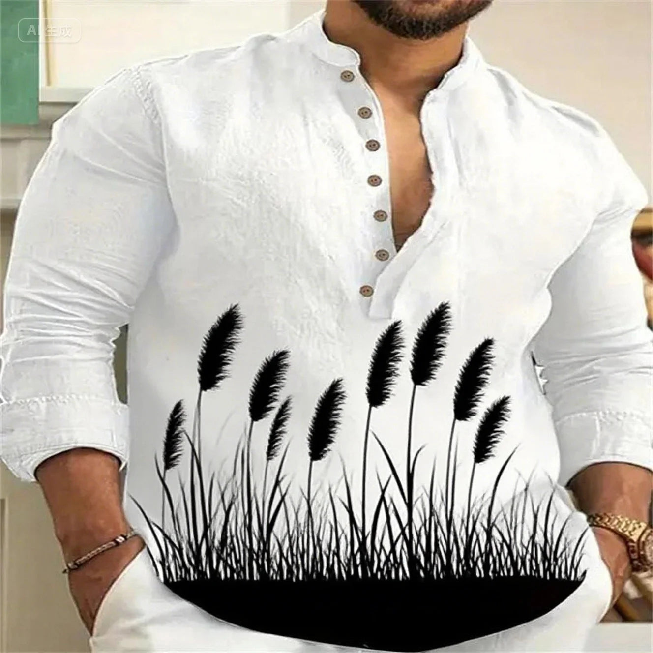 Newest linen long-sleeved simple atmospheric vegetation pattern high-quality casual shirt XS-6XL fast delivery