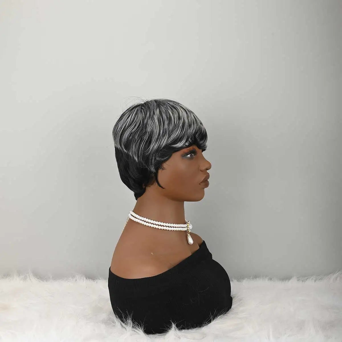 Short Wigs for Women Natural Layered black wigs with Bangs for Women Synthetic Curly Pixie Wigs Short Hair for Women Heat Resistant Fiber Wig for Daily Use (Grey Mixd Black)