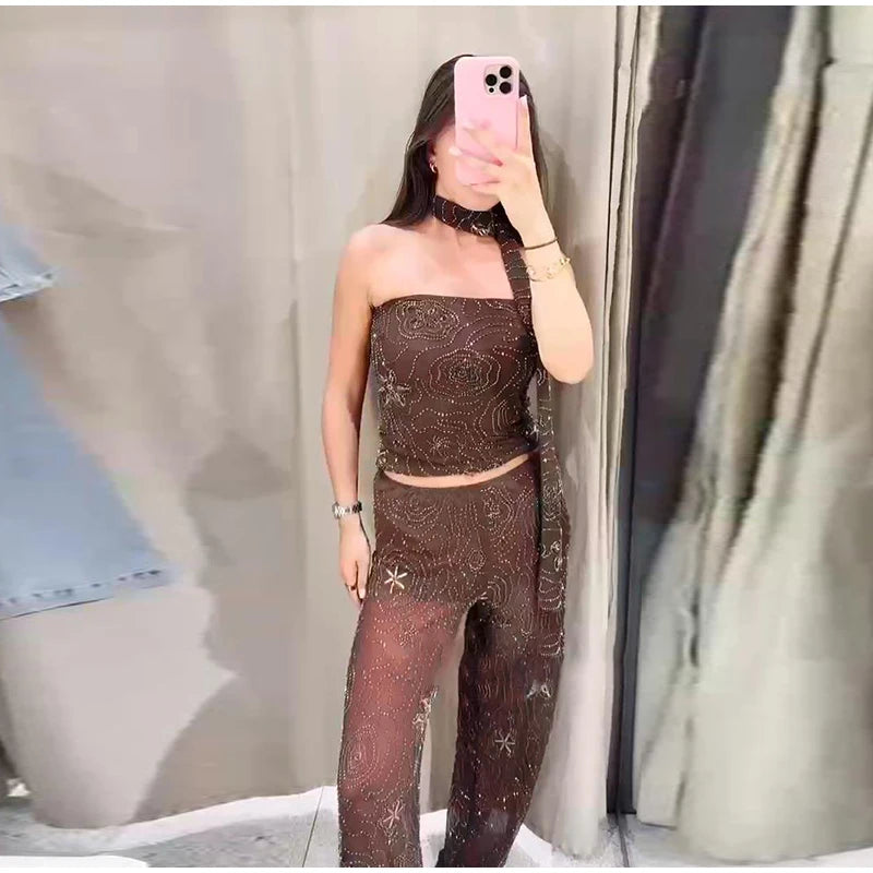 Chic Beaded Women's Top Pant Set Sexy Slim Halter Sleeveless Crop Tops See Through Elastic Waist Wide Leg Pants Summer Outfits