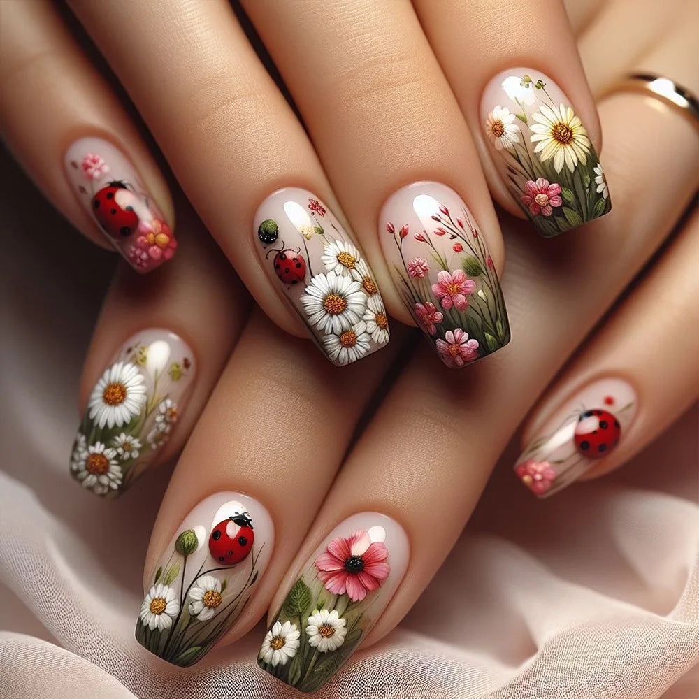 24pcs Ballet Nails Sets Press on Flower Design Mid-length False Nails Art Gradient Fake Nail Pink Square Datachable Manicure Tip