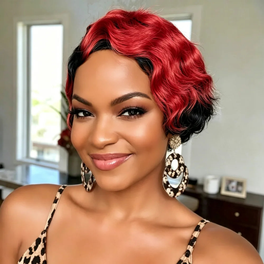 Human Hair Short Ombre Pixie Wig, Two Tone Black to Honey Blonde Finger Wave Wig, full machine made Wig for Women, Natural Looki