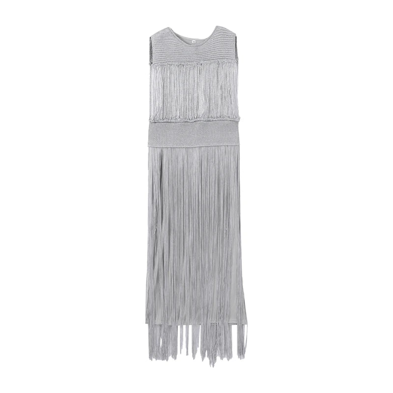 Tassel Skirt Women's 2 Piece Set Elegant Round Neck Sleeveless Zipper Sequin Top A-line Long Skirt Suit Lady 2025 Summer Outfits