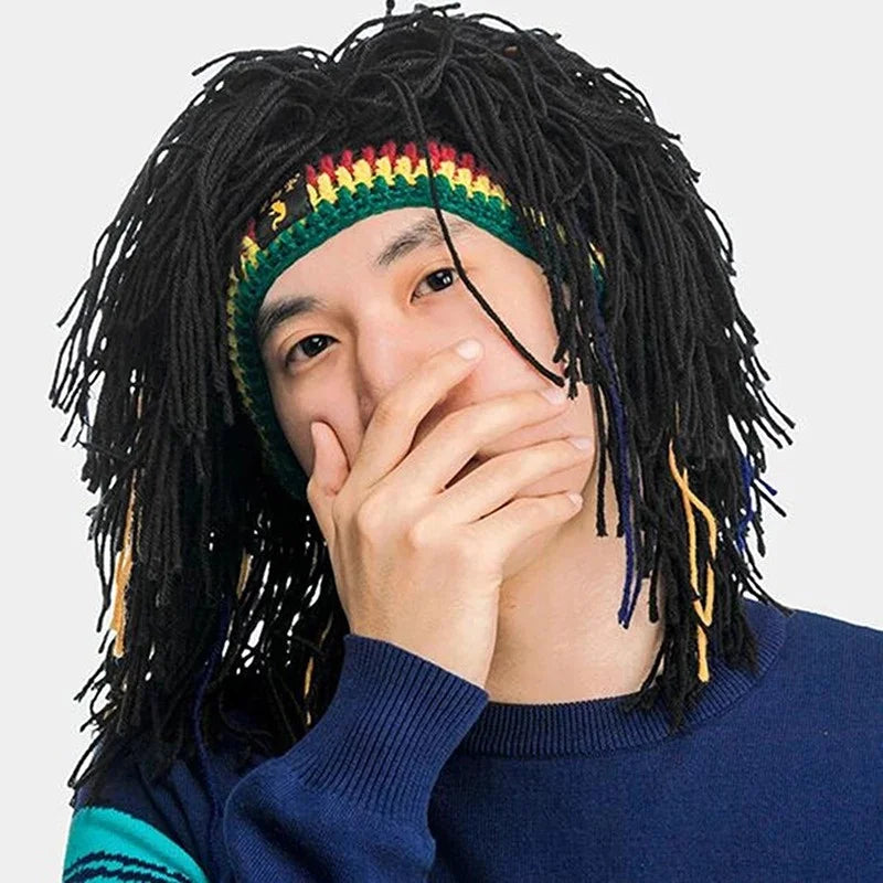 1/2 pcs Chapeau de perruque tressée tricotée jamaïcaine Chapeau de cheveux unisexe Casquettes de perruque fantaisie faites à la main Perruque de maison hantée d'Halloween Noir