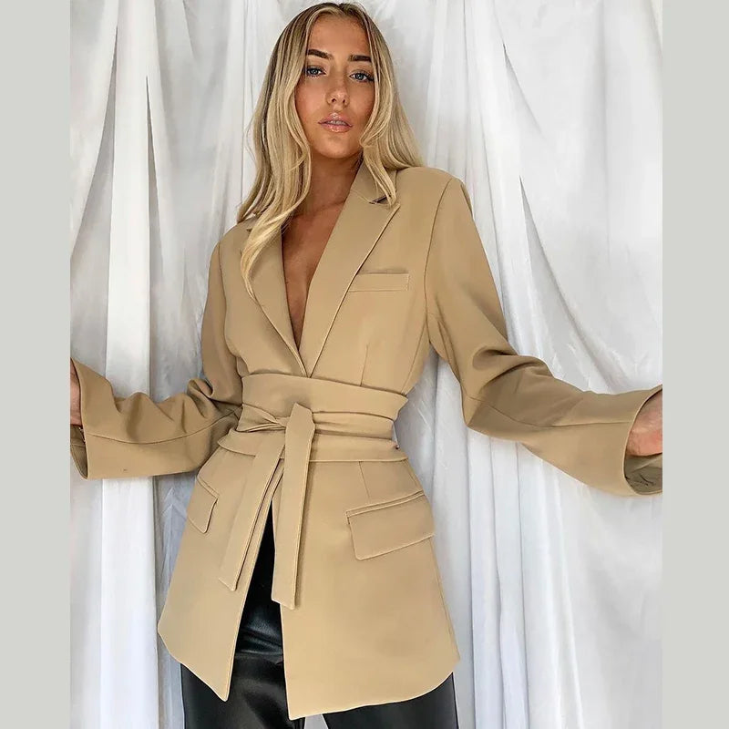 Elegant Trousers Suit Women Slim V-neck Pockets Blazer Full Sleeve Belt Straight Pants Sets Female Solid Sets Lady Spring Autumn