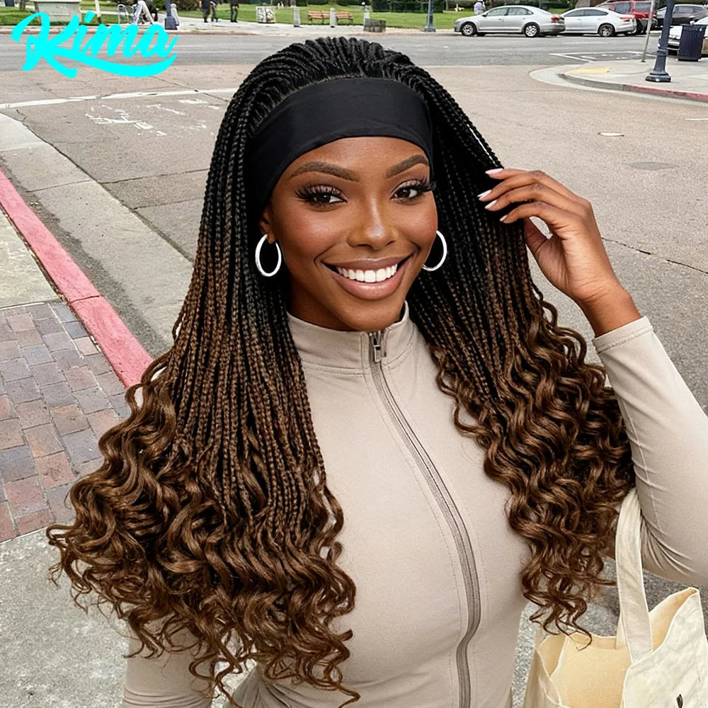 Silk Headband Wig Braided Wigs with Curly Ends Headband Wigs Knotless Braided Wig Easy to Wear for Black Women