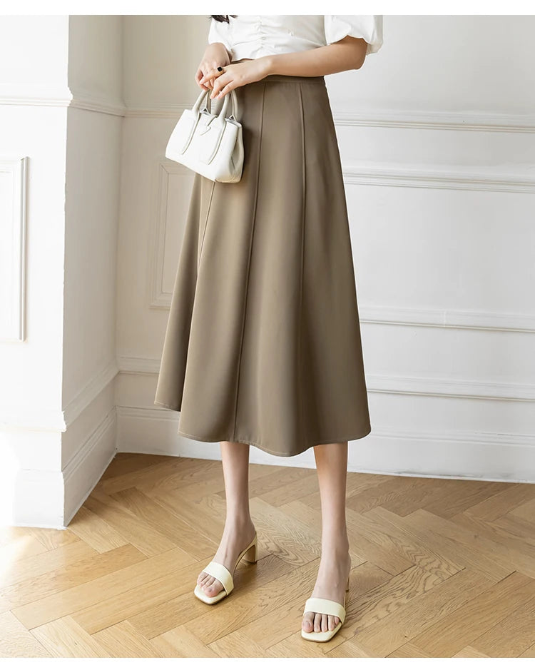 Women's Skirt Spring Women High Waist Solid Vintage Girl's Waist Down Skirt Knee-length A-line Fashion Thin Skirt for Women
