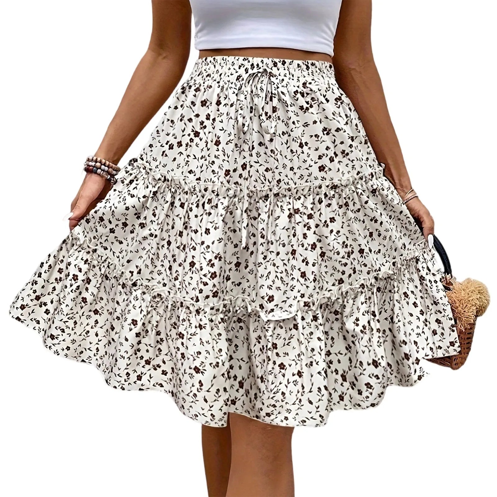 Women's Spliced Cake Skirt Fashionable Floral Print Elastic Waist Strap Versatile Casual Skirts Comfortable knee-length skirt