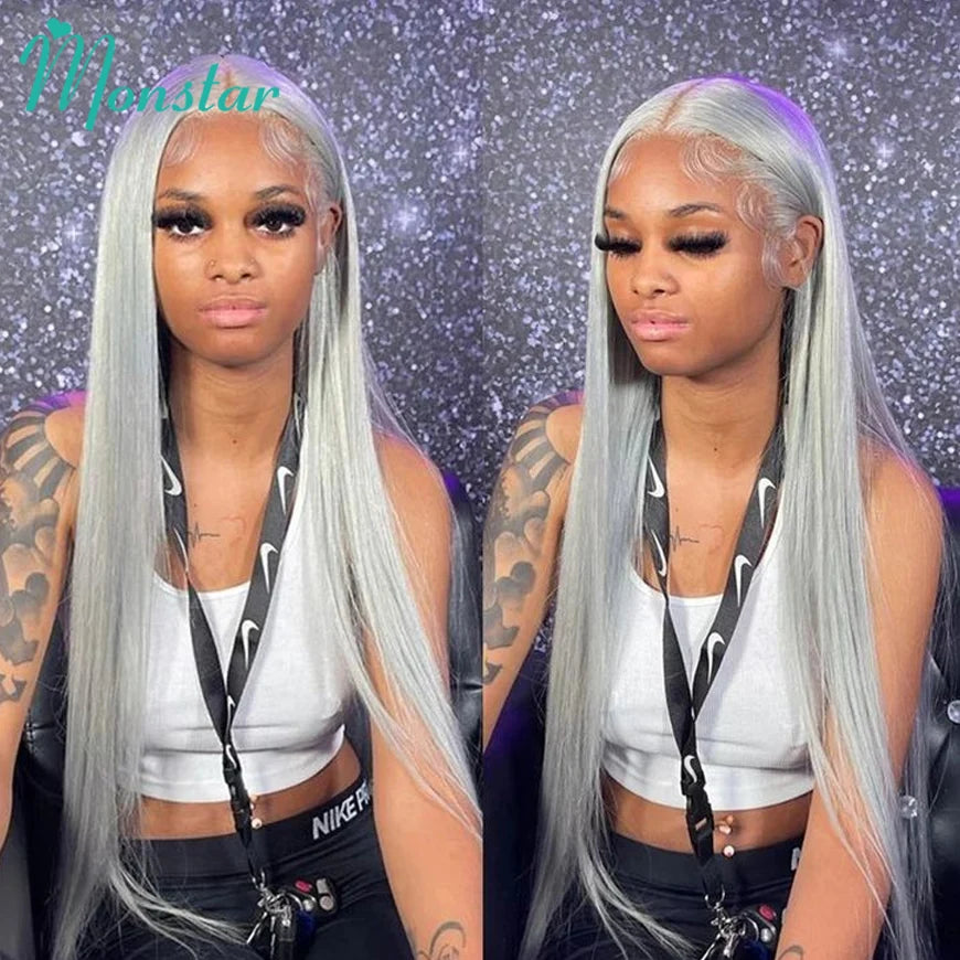 Silver Grey Straight Wigs Human Hair Brazilian 13x6 HD Lace Frontal Colored 613 Wigs Pre Plucked With Baby Hairline 200% Density