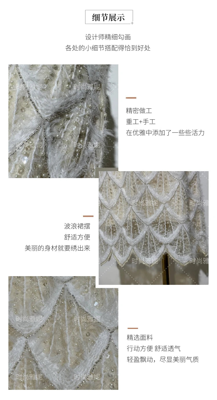 High-end Fashion Beaded Sequined Skirt Set 2025 Spring New Long-sleeved T-shirt Top High Waist Slim-fit Hip Skirt 2-piece Set