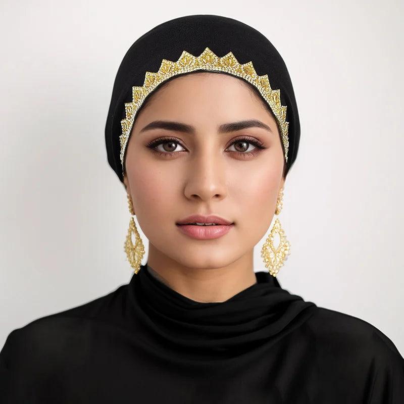 Gorros elásticos con pedrería dorada brillante para mujer, gorros musulmanes con lazo en la parte trasera, hijabs interiores, turbante, gorro con estampado de hojas en caliente, bajo la gorra de diamantes, jersey