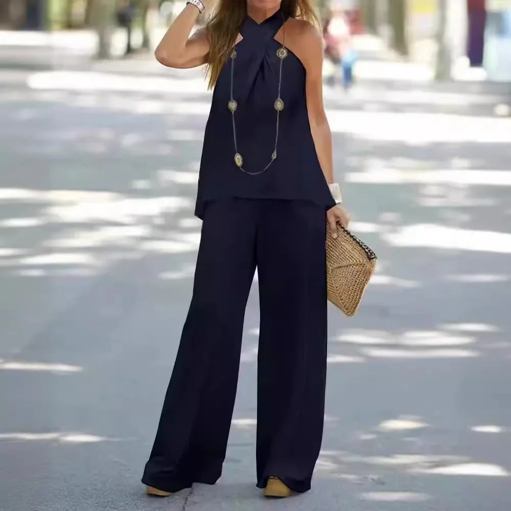 Women's Clothing  New Fashion Casual Halter Neck Solid Color Sleeveless Suit Wide Leg Pants Trousers Two-piece Suit