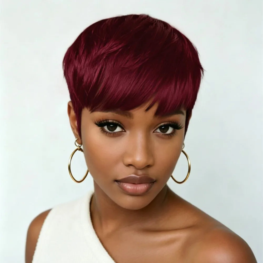 6inch 4/99J/natural black color straight short pixie  wig 150% density machine made pixie human hair wig for women