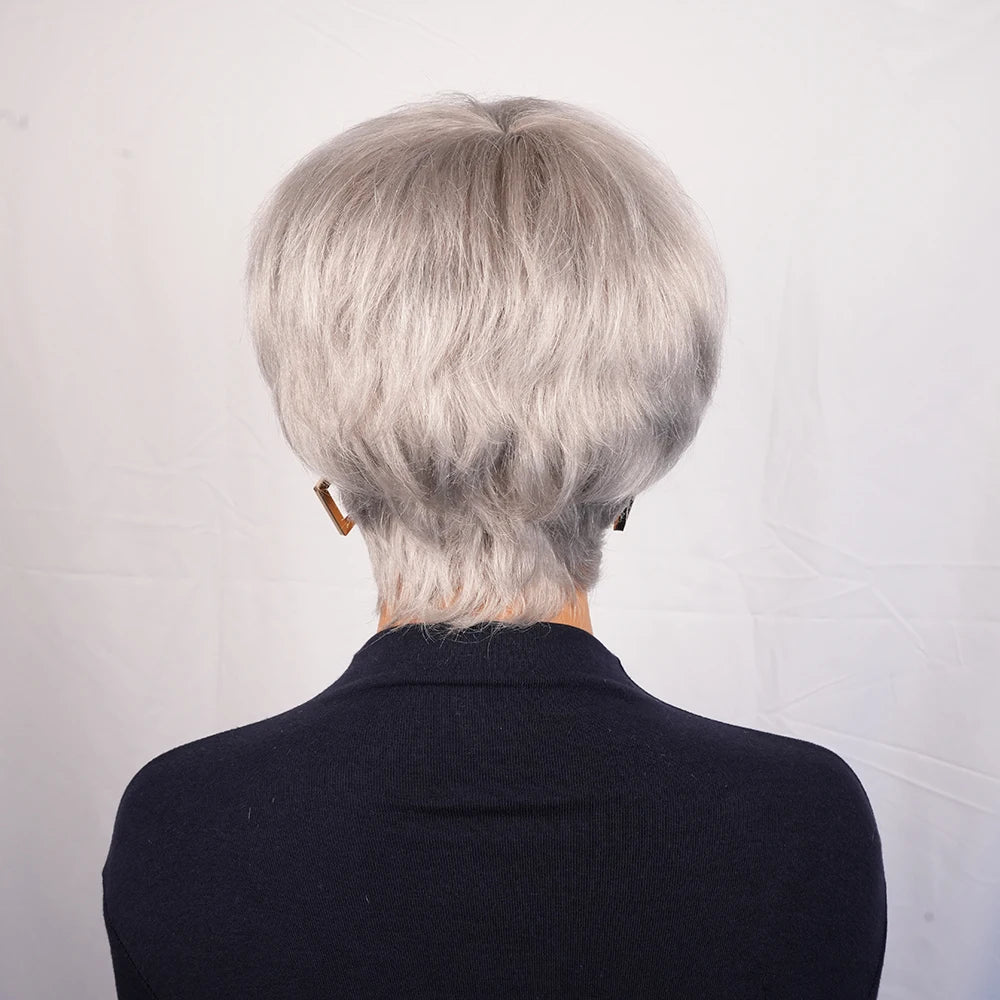 Pixie Cut Human Hair Wig Short Grey Layered Pixie Cut Curly Wigs With Bangs  Natural Brazilian Human Hair Full Machine Made Wig